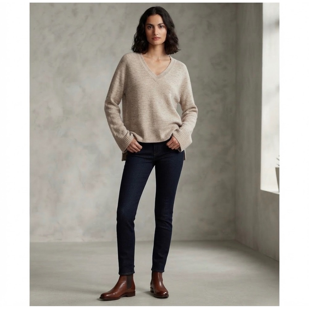 Lucky Brand Sweater Womens Fits L Beige V-Neck High-Low Knit 125208 Wool Blend